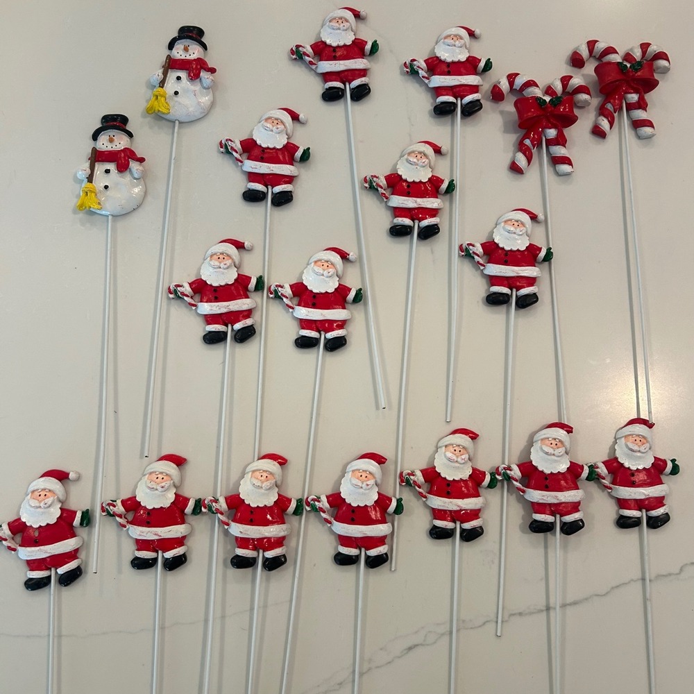 VTG Christmas Floral Picks Set 18pc Red White Santa Snowman Candy Cane Crafts